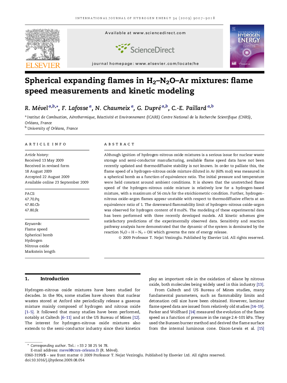 Spherical expanding flames in H2–N2O–Ar mixtures: flame speed measurements and kinetic modeling