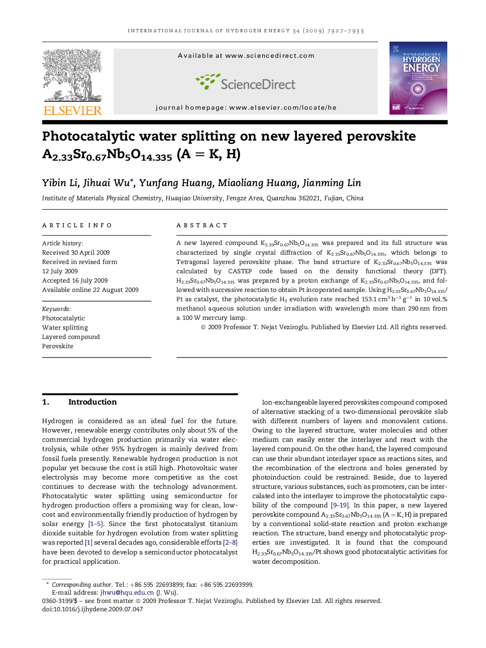 Photocatalytic water splitting on new layered perovskite A2.33Sr0.67Nb5O14.335 (A = K, H)