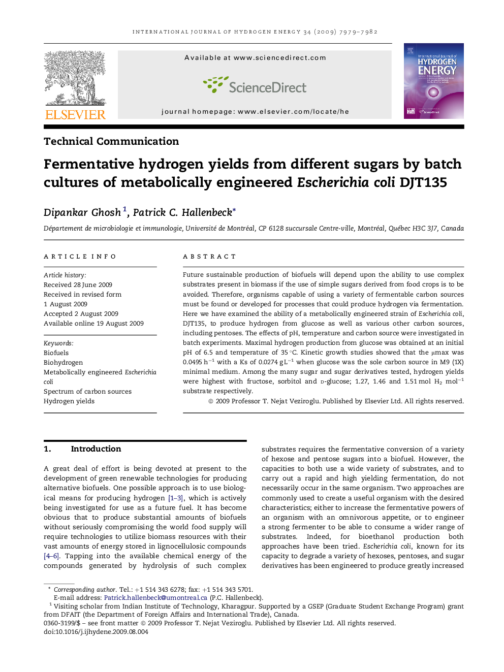 Fermentative hydrogen yields from different sugars by batch cultures of metabolically engineered Escherichia coli DJT135