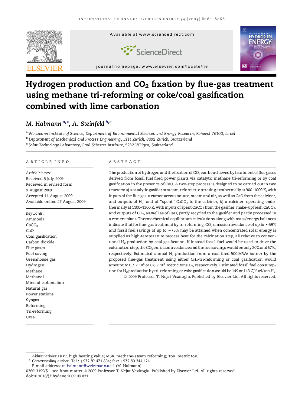 Hydrogen production and CO2 fixation by flue-gas treatment using methane tri-reforming or coke/coal gasification combined with lime carbonation