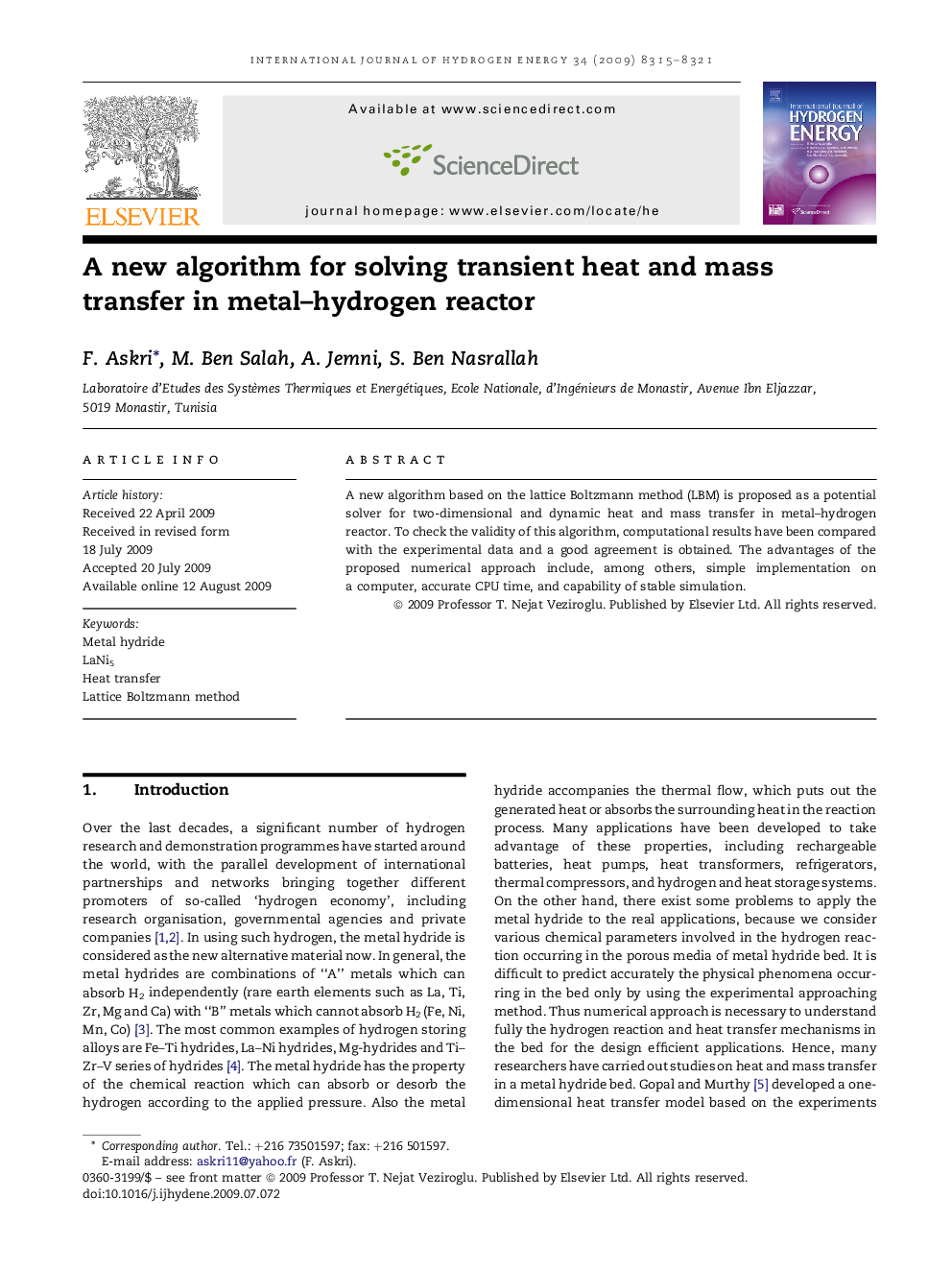 A new algorithm for solving transient heat and mass transfer in metal–hydrogen reactor