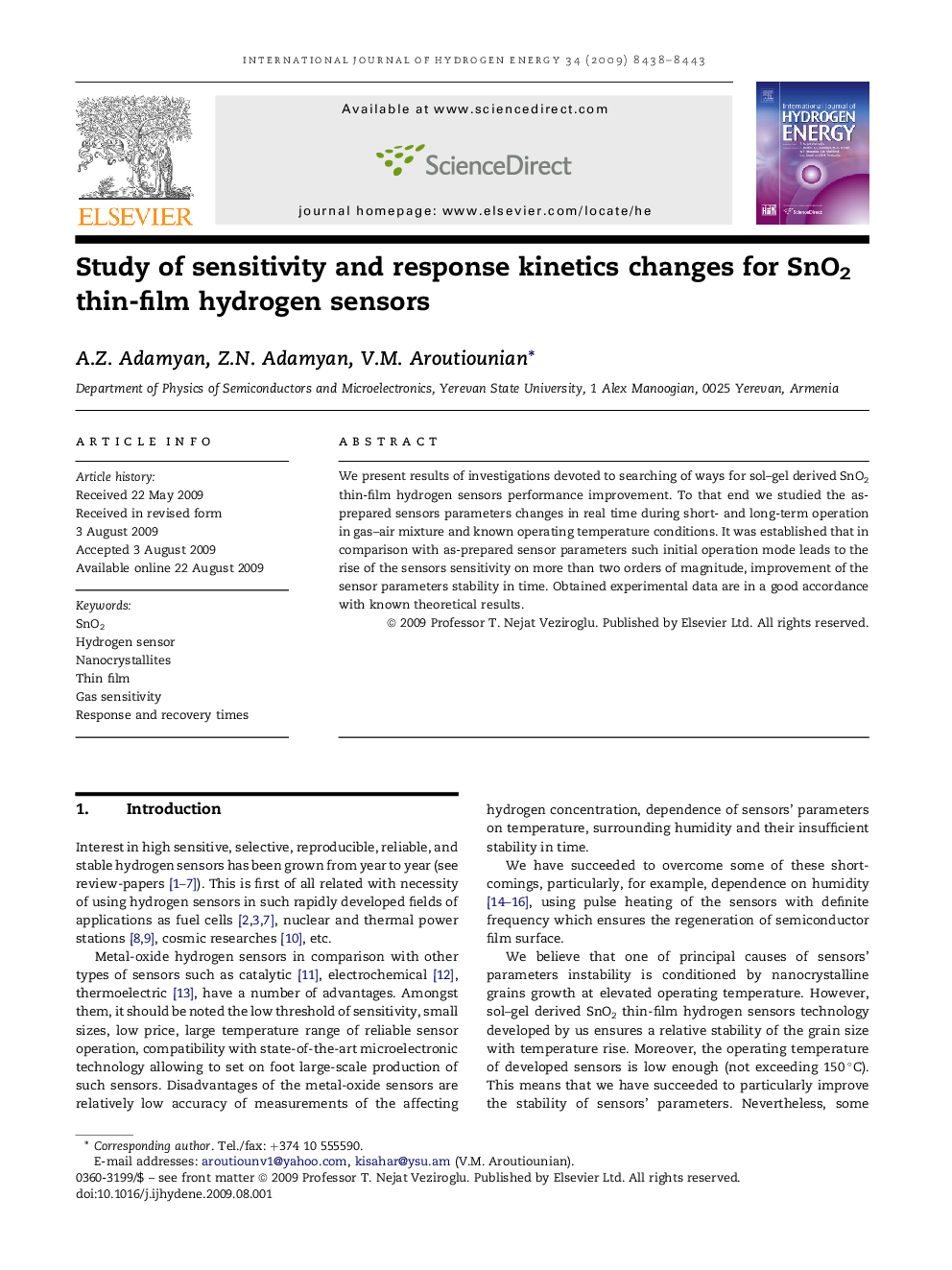 Study of sensitivity and response kinetics changes for SnO2 thin-film hydrogen sensors