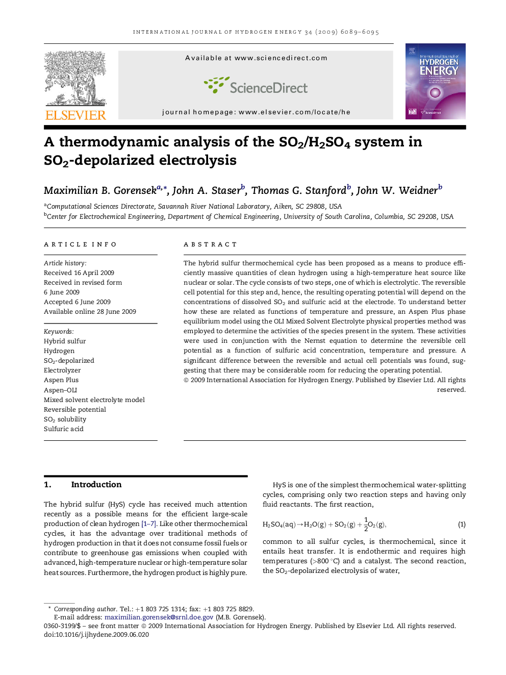 A thermodynamic analysis of the SO2/H2SO4 system in SO2-depolarized electrolysis