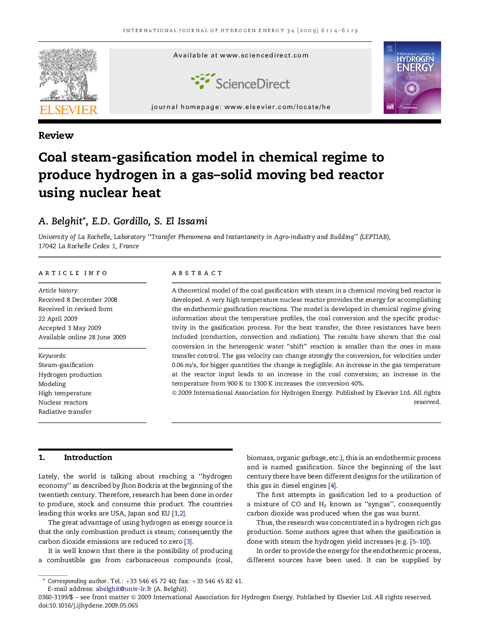 Coal steam-gasification model in chemical regime to produce hydrogen in a gas–solid moving bed reactor using nuclear heat