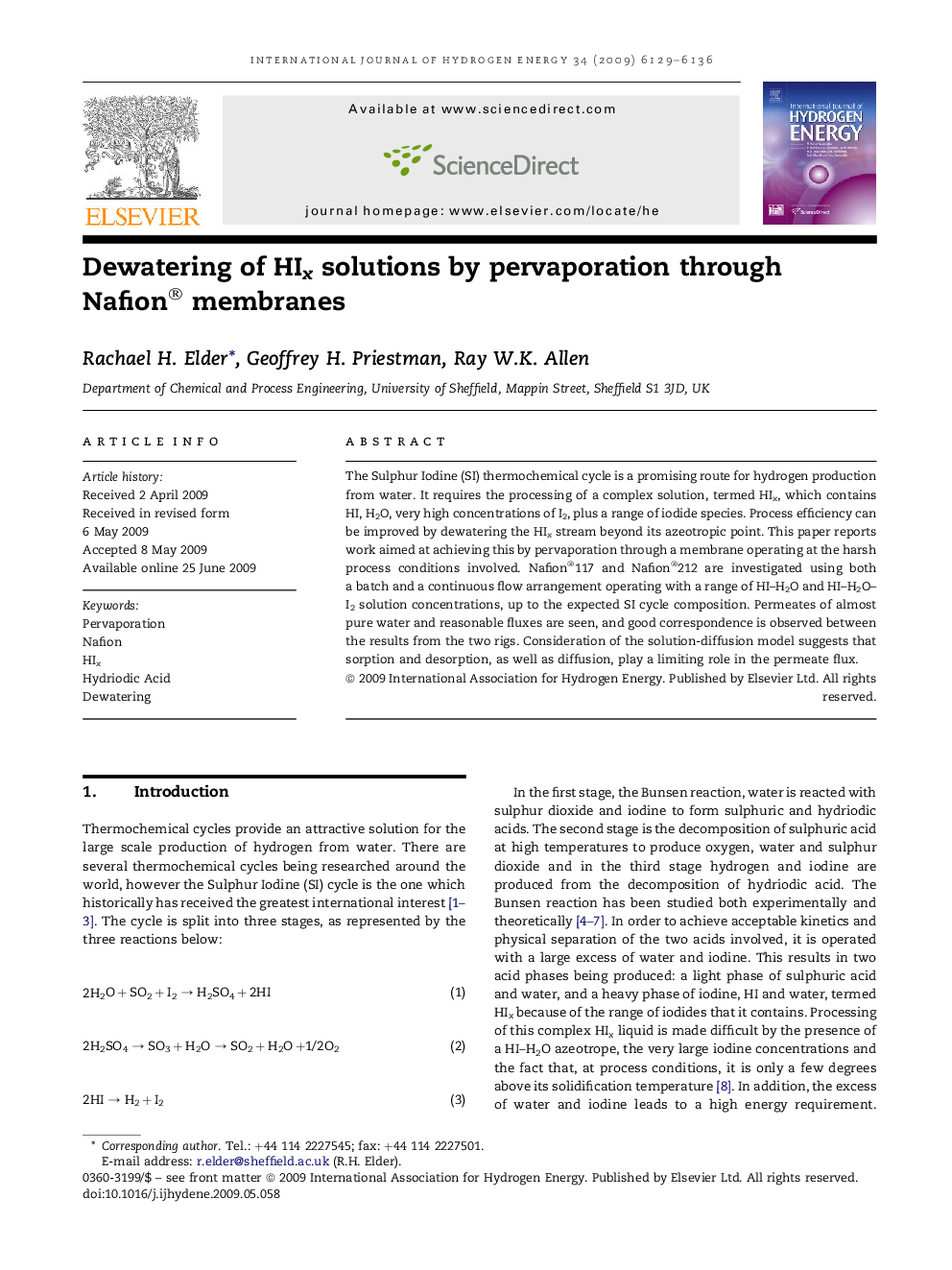 Dewatering of HIx solutions by pervaporation through Nafion® membranes