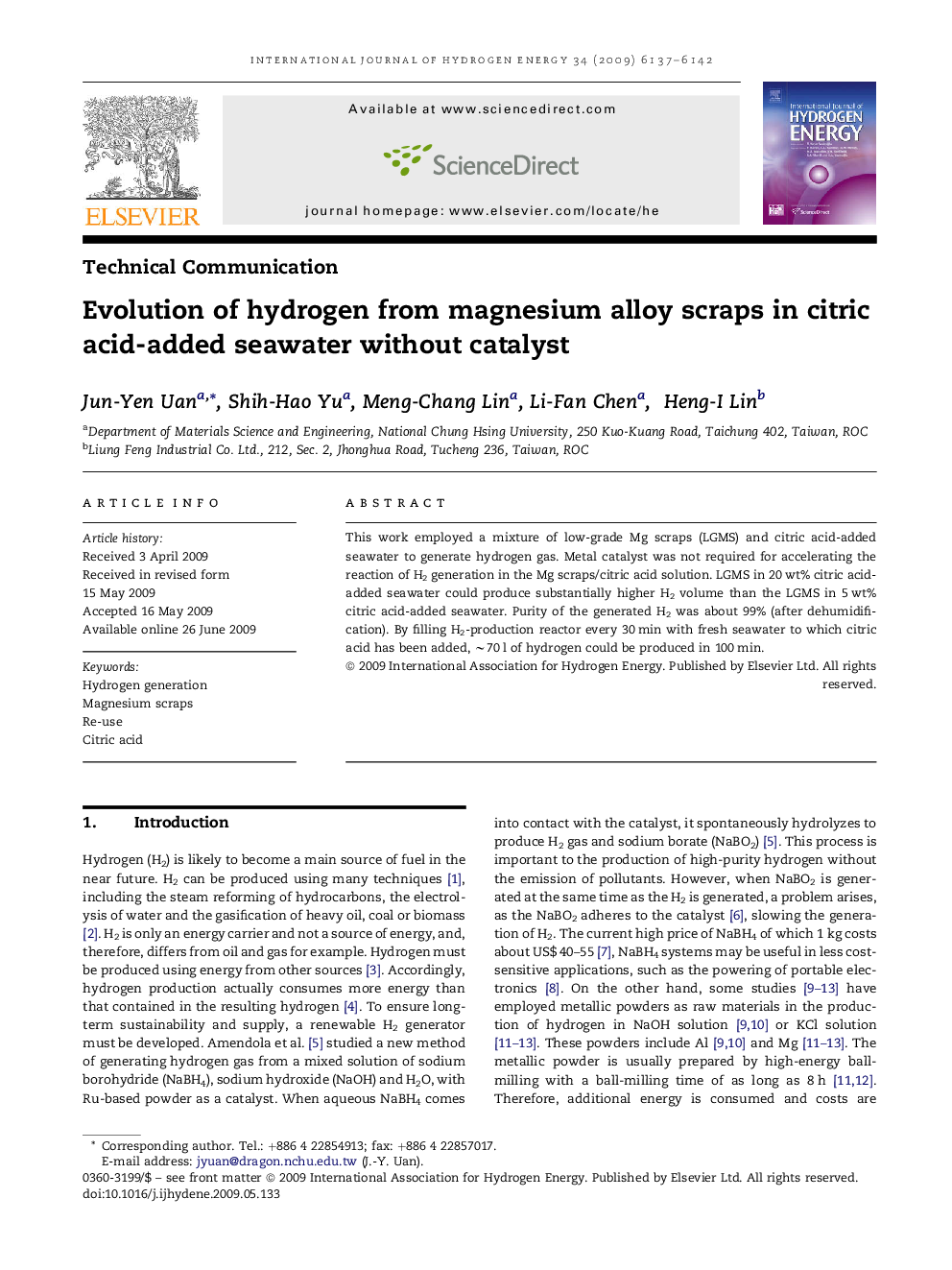 Evolution of hydrogen from magnesium alloy scraps in citric acid-added seawater without catalyst