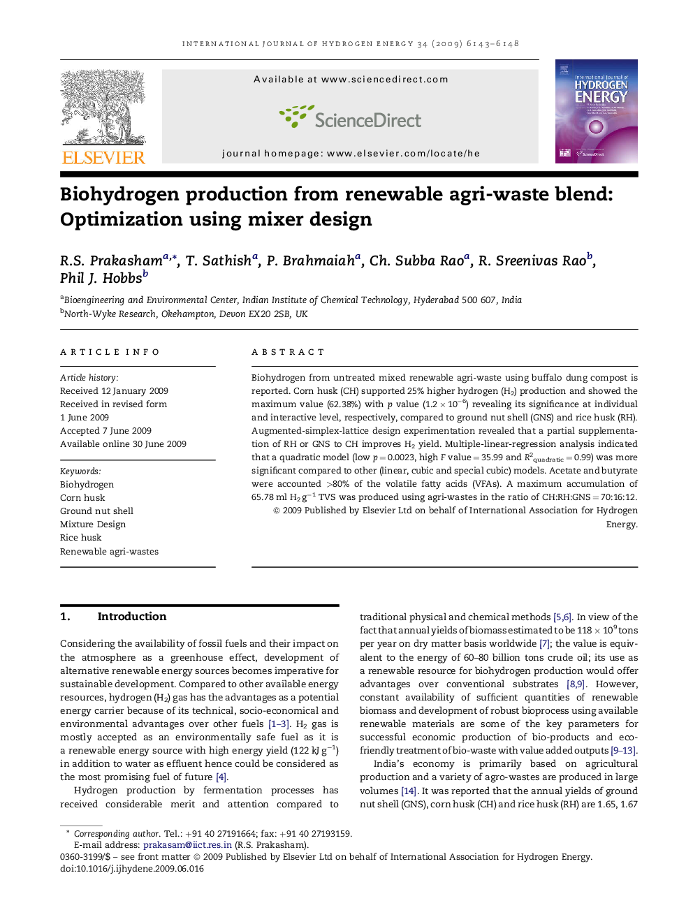 Biohydrogen production from renewable agri-waste blend: Optimization using mixer design