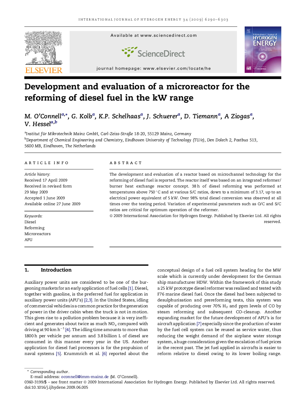 Development and evaluation of a microreactor for the reforming of diesel fuel in the kW range