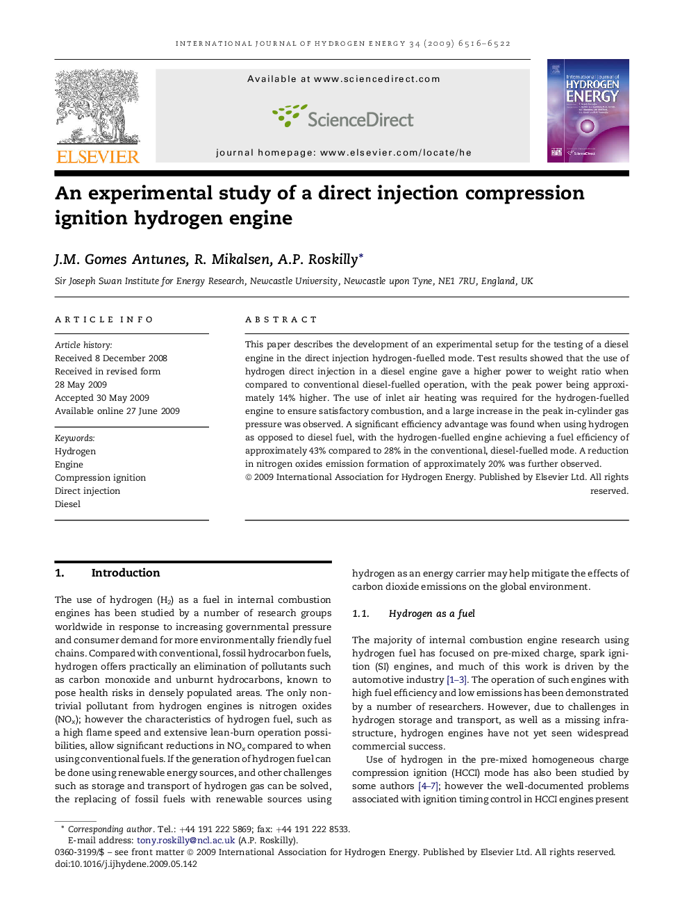 An experimental study of a direct injection compression ignition hydrogen engine