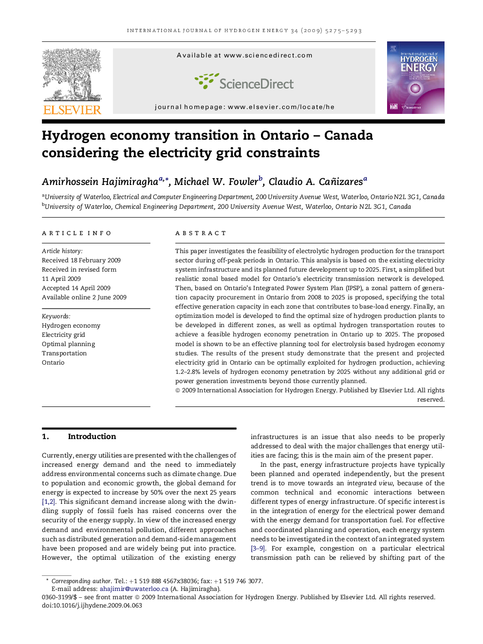 Hydrogen economy transition in Ontario – Canada considering the electricity grid constraints