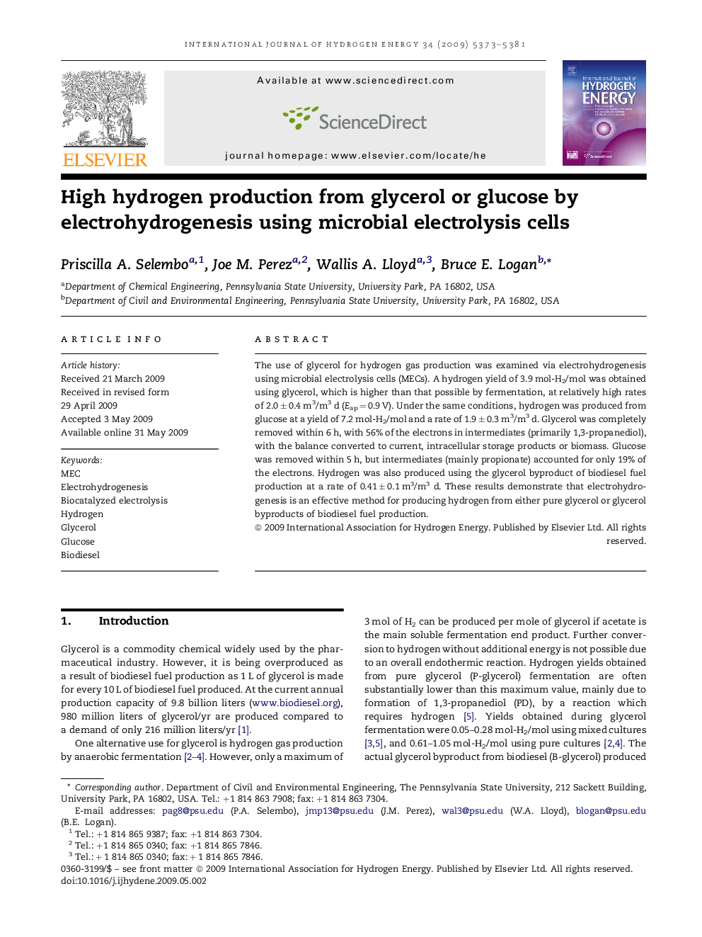 High hydrogen production from glycerol or glucose by electrohydrogenesis using microbial electrolysis cells