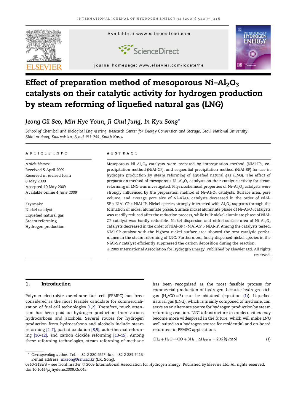 Effect of preparation method of mesoporous Ni–Al2O3 catalysts on their catalytic activity for hydrogen production by steam reforming of liquefied natural gas (LNG)