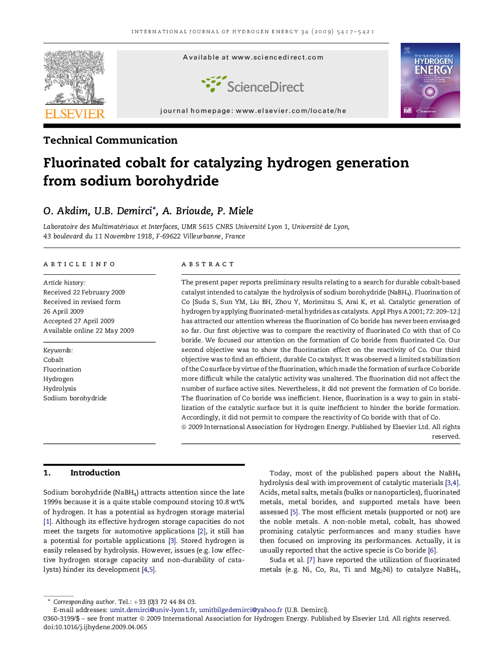 Fluorinated cobalt for catalyzing hydrogen generation from sodium borohydride