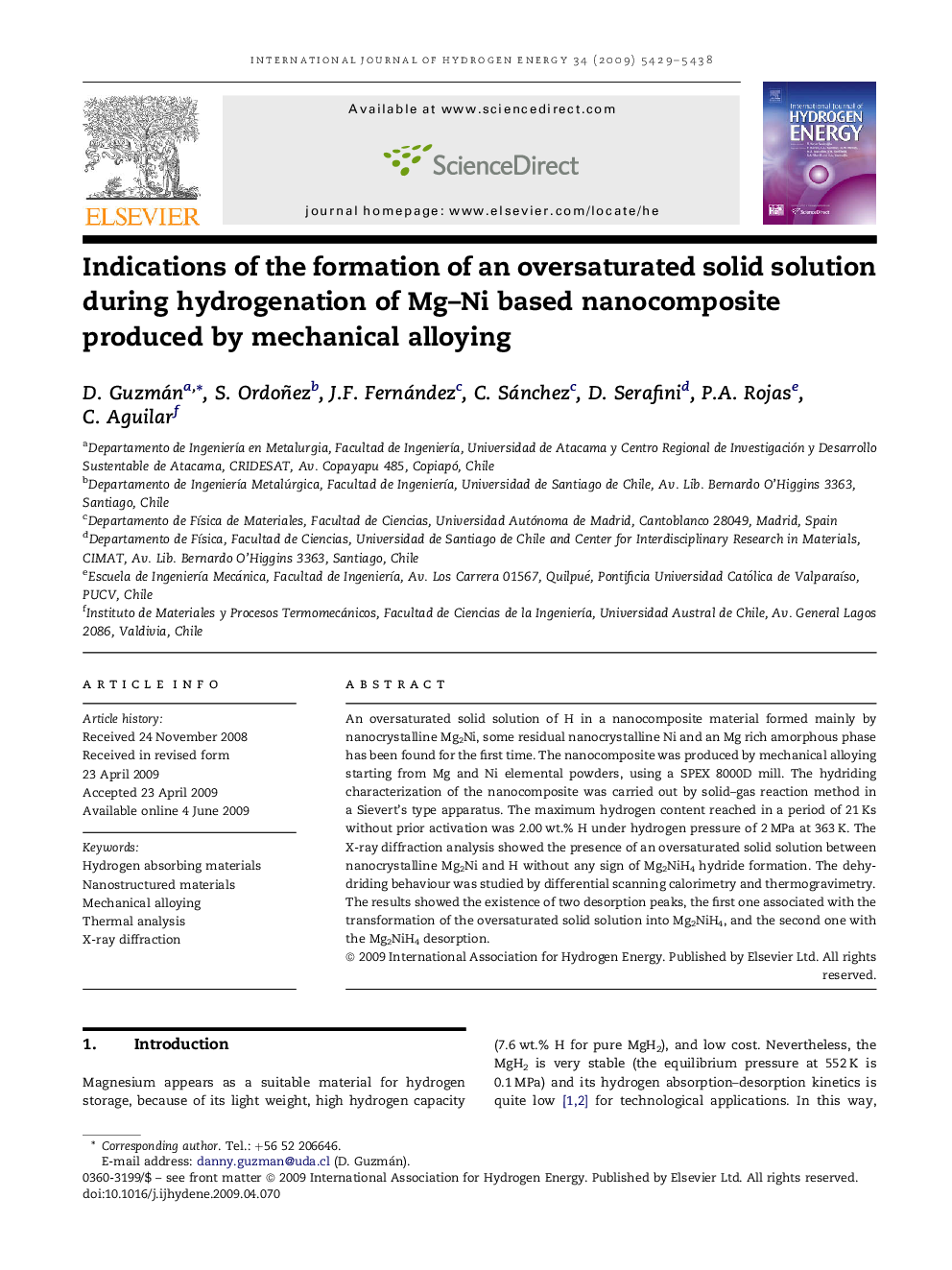 Indications of the formation of an oversaturated solid solution during hydrogenation of Mg–Ni based nanocomposite produced by mechanical alloying