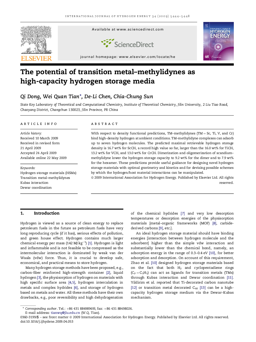 The potential of transition metal–methylidynes as high-capacity hydrogen storage media