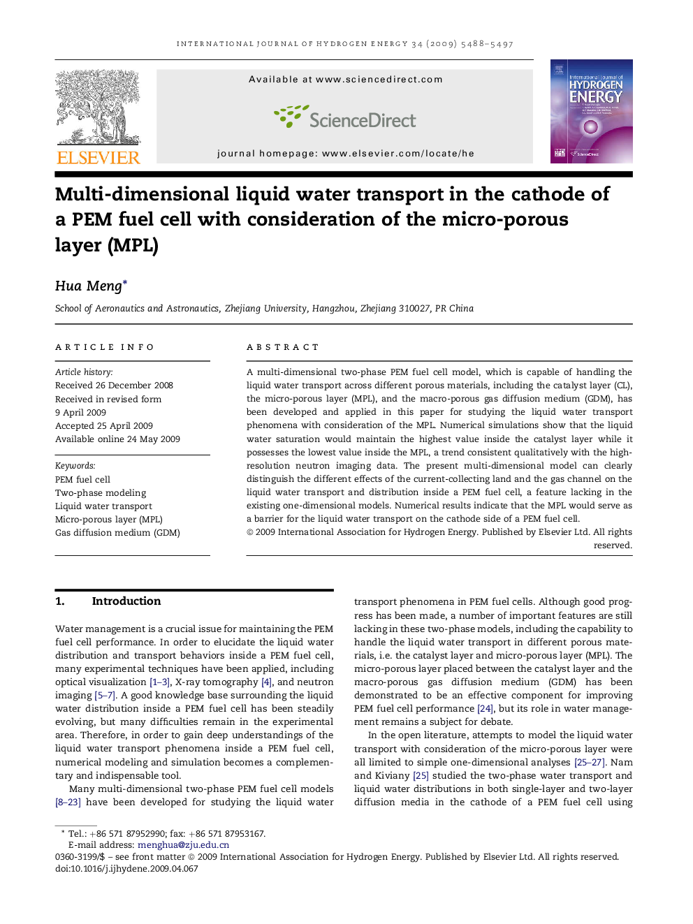 Multi-dimensional liquid water transport in the cathode of a PEM fuel cell with consideration of the micro-porous layer (MPL)