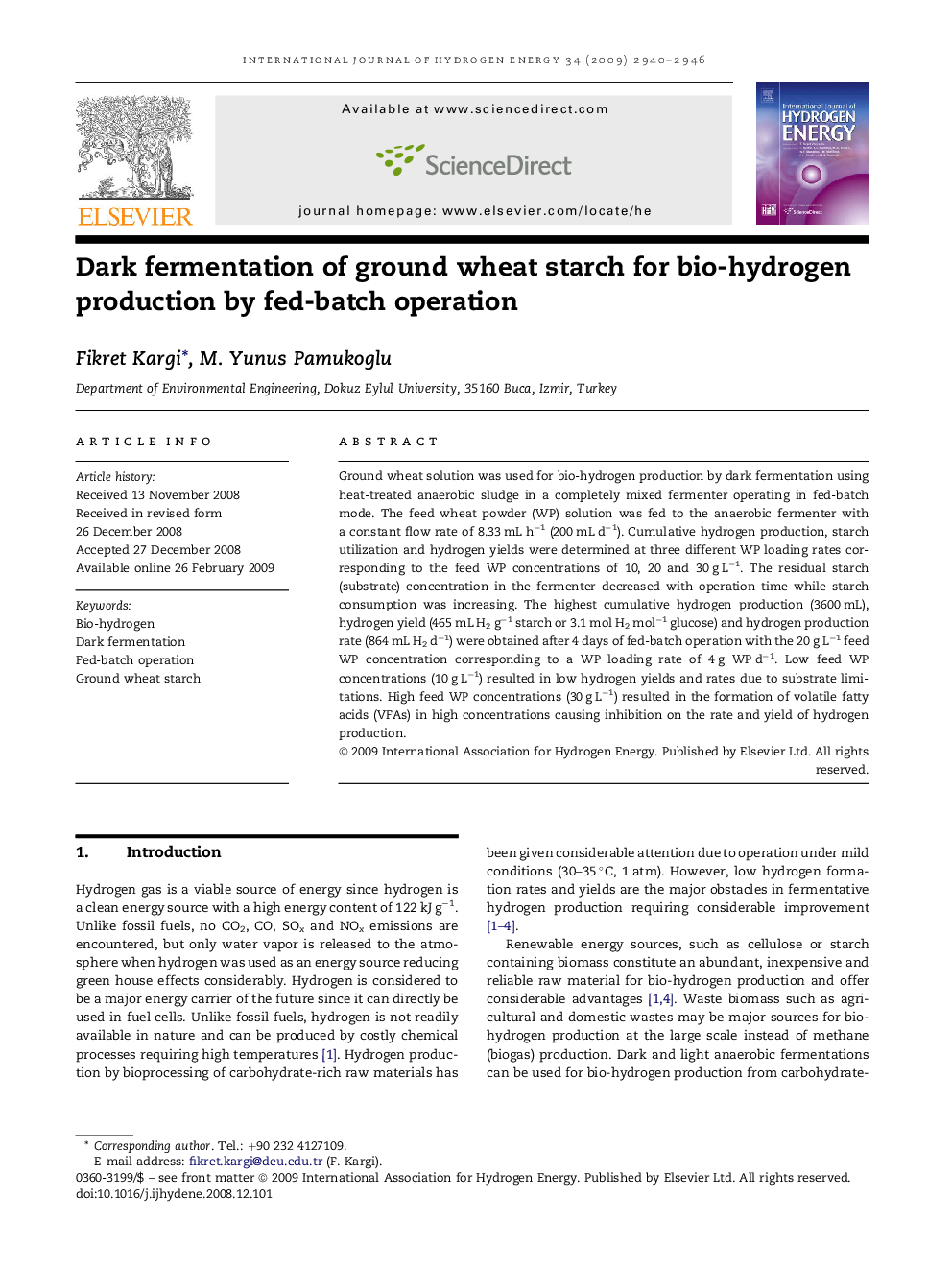 Dark fermentation of ground wheat starch for bio-hydrogen production by fed-batch operation