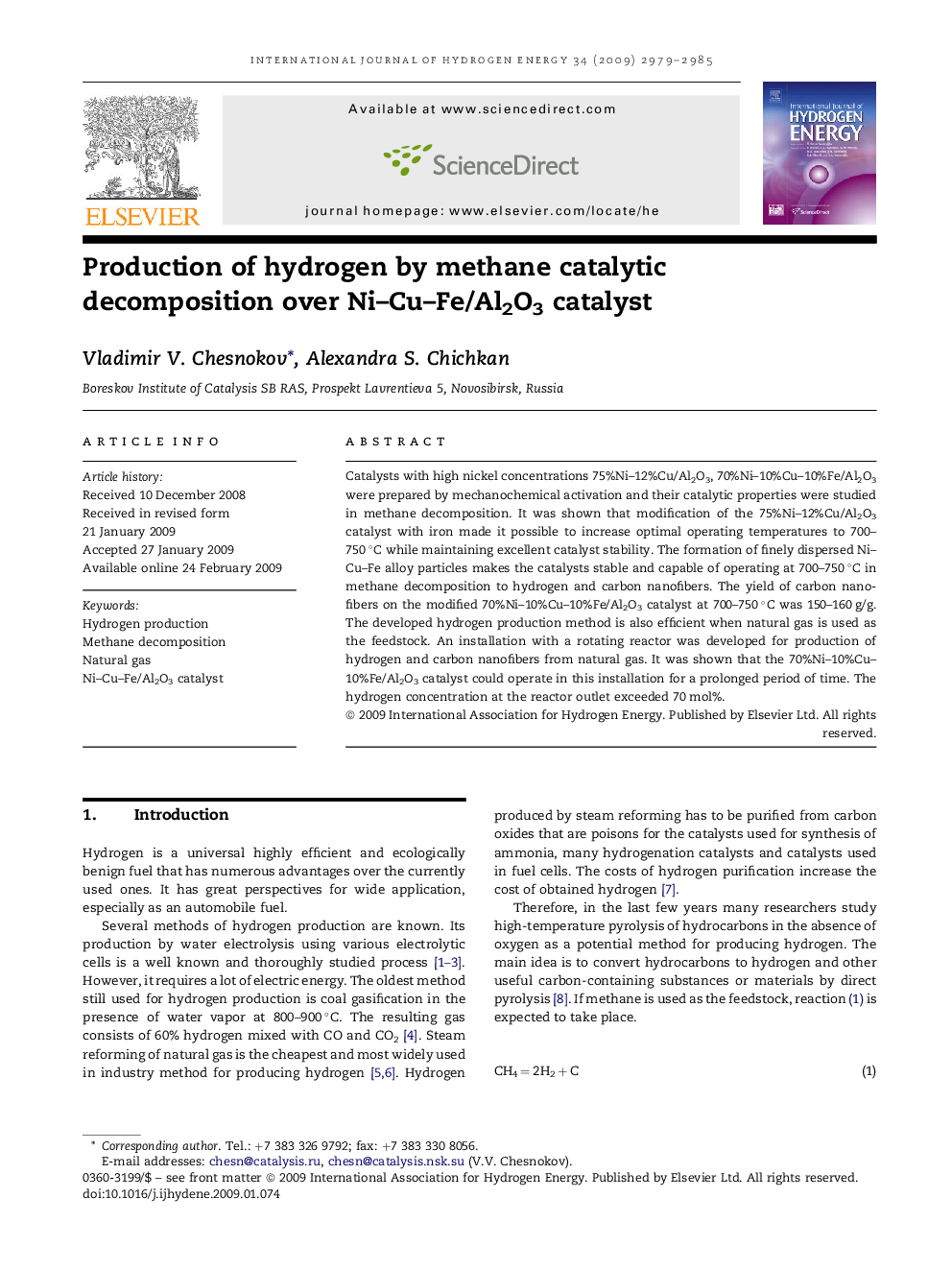 Production of hydrogen by methane catalytic decomposition over Ni–Cu–Fe/Al2O3 catalyst