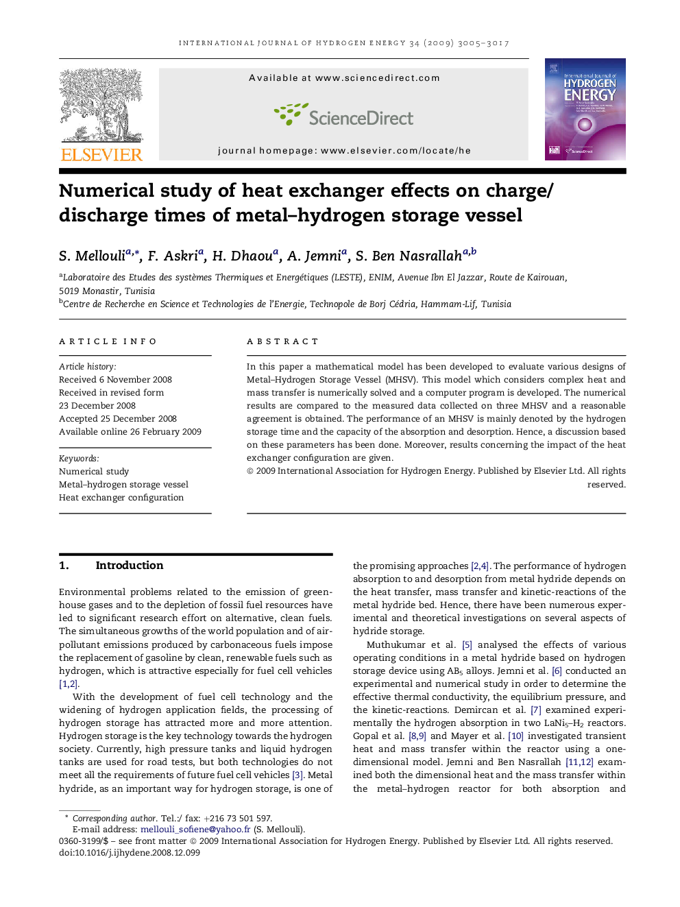 Numerical study of heat exchanger effects on charge/discharge times of metal–hydrogen storage vessel