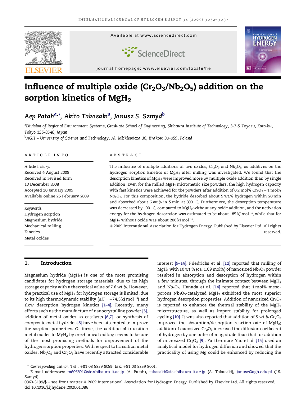 Influence of multiple oxide (Cr2O3/Nb2O5) addition on the sorption kinetics of MgH2