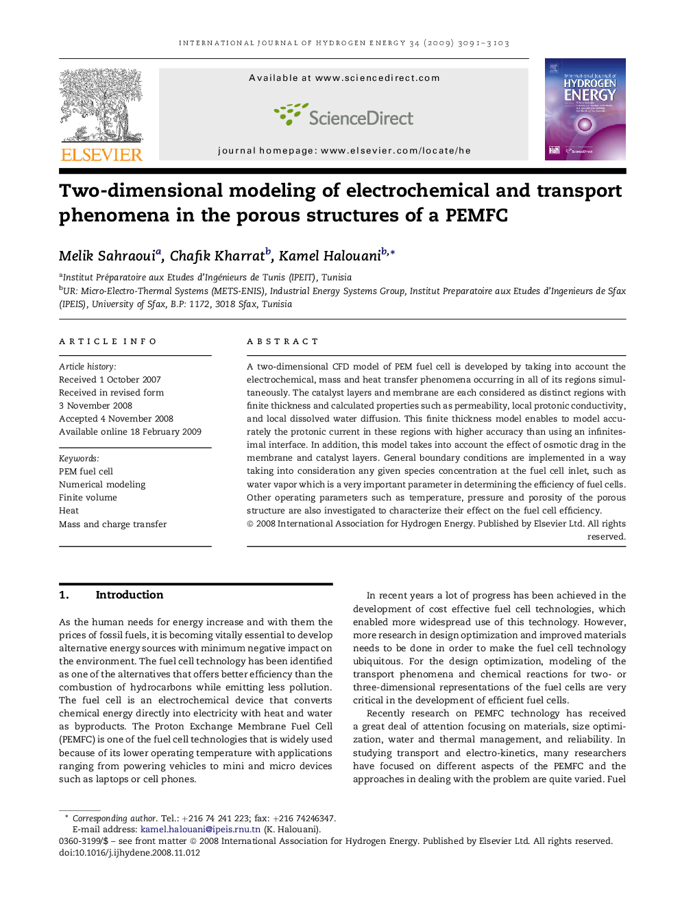 Two-dimensional modeling of electrochemical and transport phenomena in the porous structures of a PEMFC