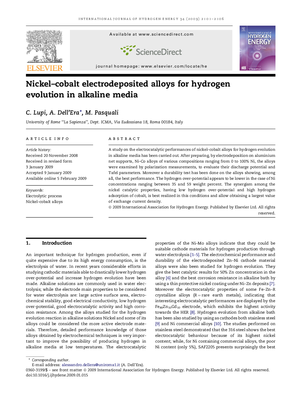 Nickel–cobalt electrodeposited alloys for hydrogen evolution in alkaline media