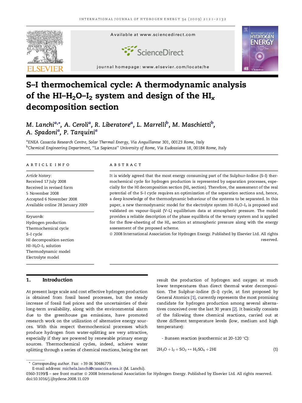 S–I thermochemical cycle: A thermodynamic analysis of the HI–H2O–I2 system and design of the HIx decomposition section