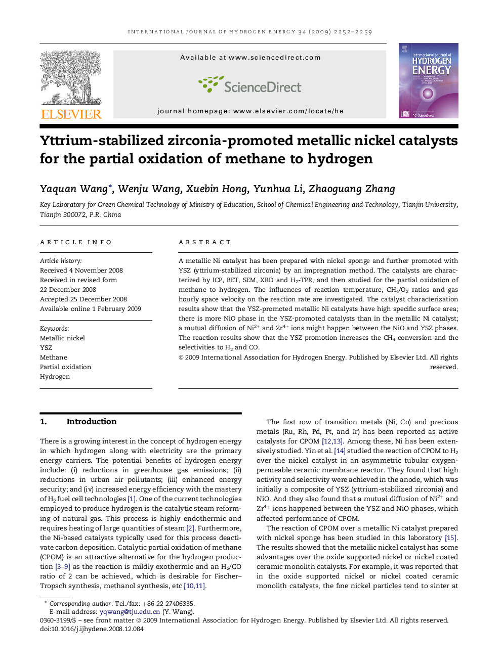 Yttrium-stabilized zirconia-promoted metallic nickel catalysts for the partial oxidation of methane to hydrogen