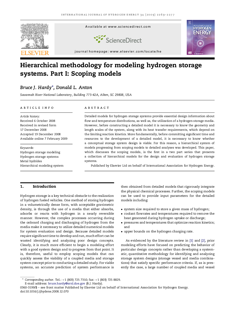 Hierarchical methodology for modeling hydrogen storage systems. Part I: Scoping models