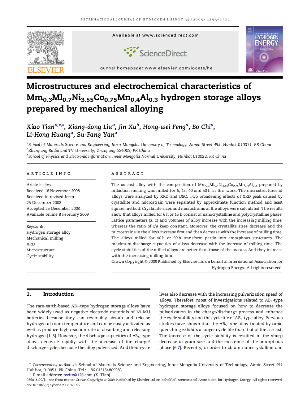 Microstructures and electrochemical characteristics of Mm0.3Ml0.7Ni3.55Co0.75Mn0.4Al0.3 hydrogen storage alloys prepared by mechanical alloying