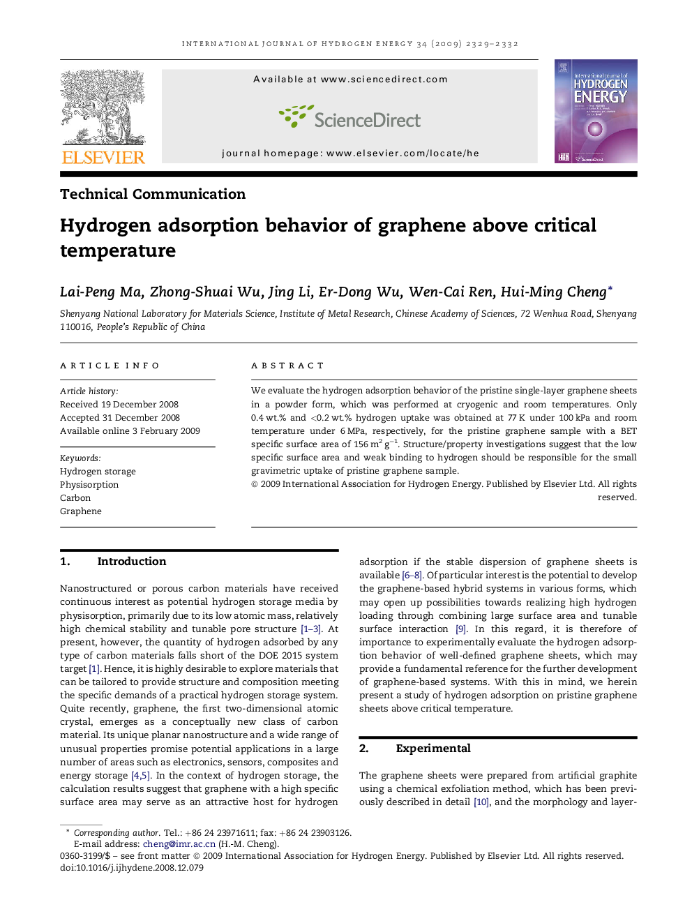 Hydrogen adsorption behavior of graphene above critical temperature