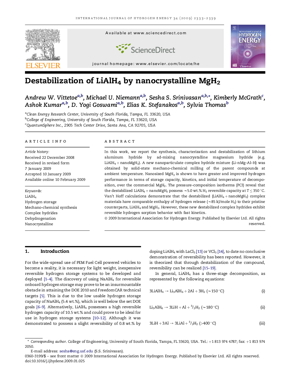 Destabilization of LiAlH4 by nanocrystalline MgH2