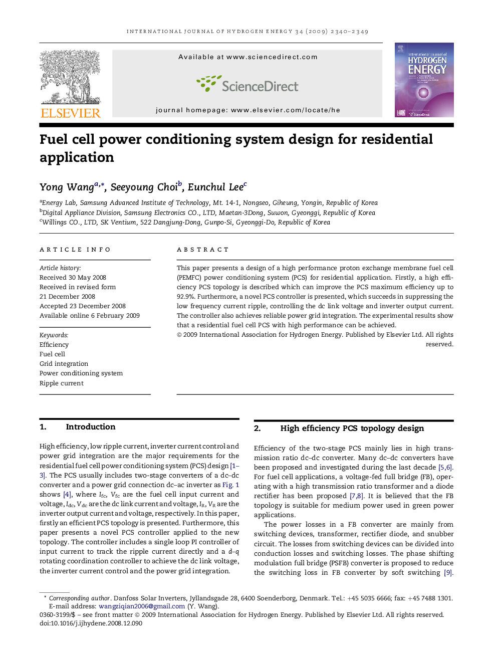 Fuel cell power conditioning system design for residential application