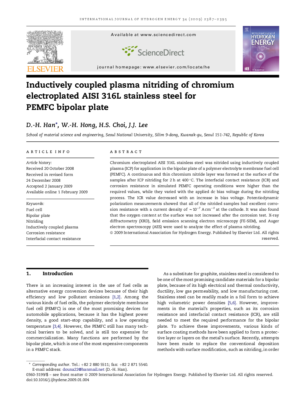 Inductively coupled plasma nitriding of chromium electroplated AISI 316L stainless steel for PEMFC bipolar plate