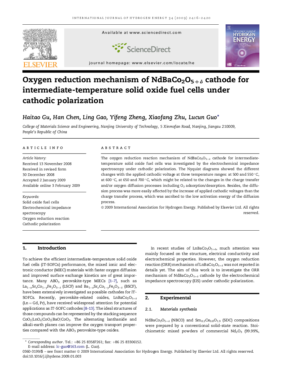 Oxygen reduction mechanism of NdBaCo2O5+δ cathode for intermediate-temperature solid oxide fuel cells under cathodic polarization