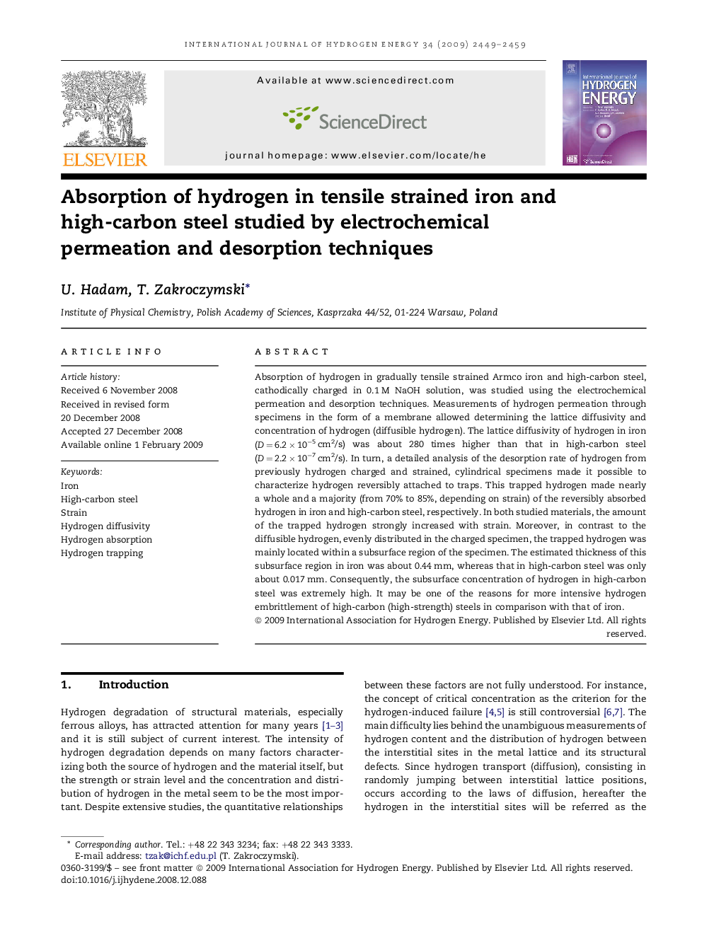 Absorption of hydrogen in tensile strained iron and high-carbon steel studied by electrochemical permeation and desorption techniques