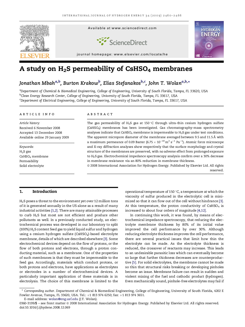 A study on H2S permeability of CsHSO4 membranes