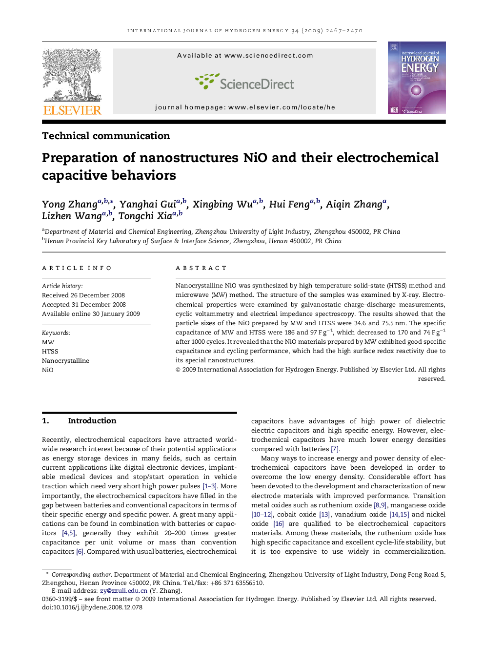 Preparation of nanostructures NiO and their electrochemical capacitive behaviors