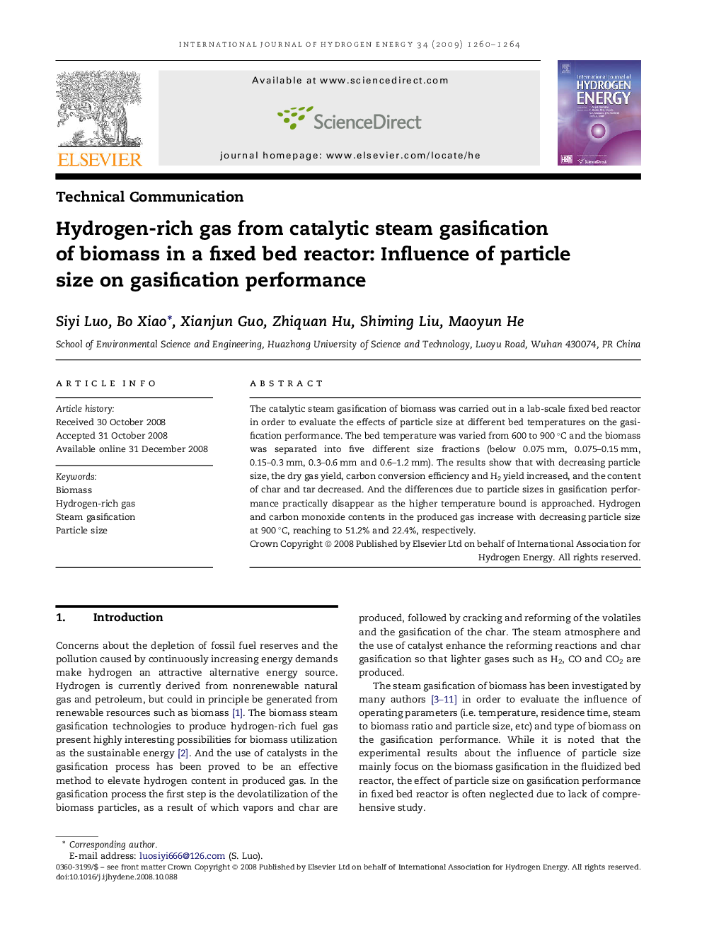 Hydrogen-rich gas from catalytic steam gasification of biomass in a fixed bed reactor: Influence of particle size on gasification performance