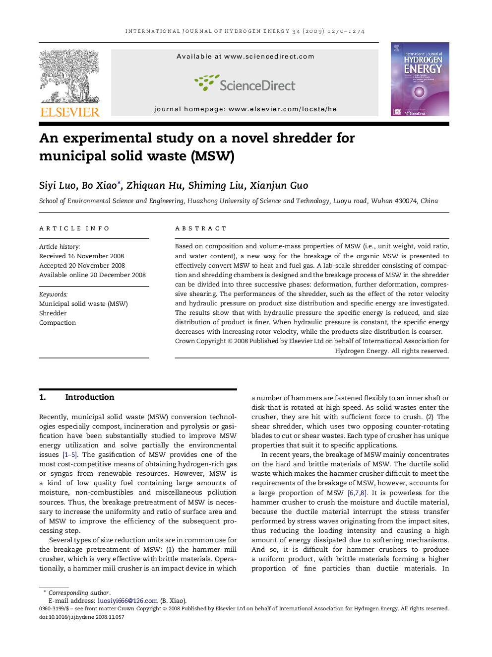 An experimental study on a novel shredder for municipal solid waste (MSW)