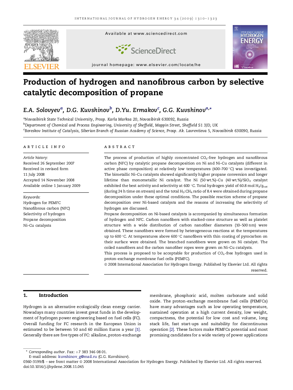 Production of hydrogen and nanofibrous carbon by selective catalytic decomposition of propane