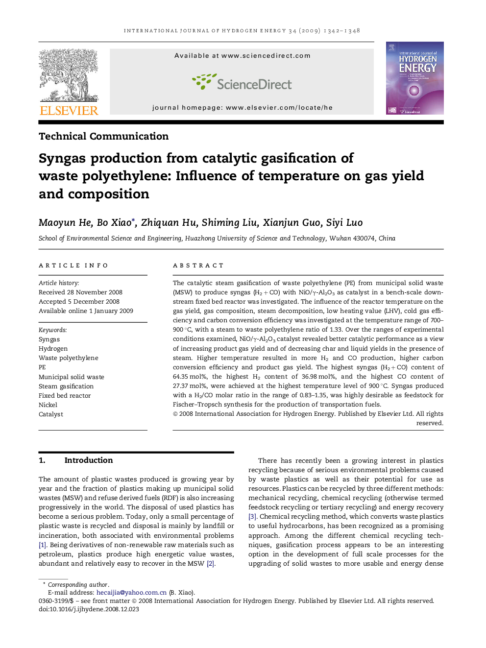 Syngas production from catalytic gasification of waste polyethylene: Influence of temperature on gas yield and composition