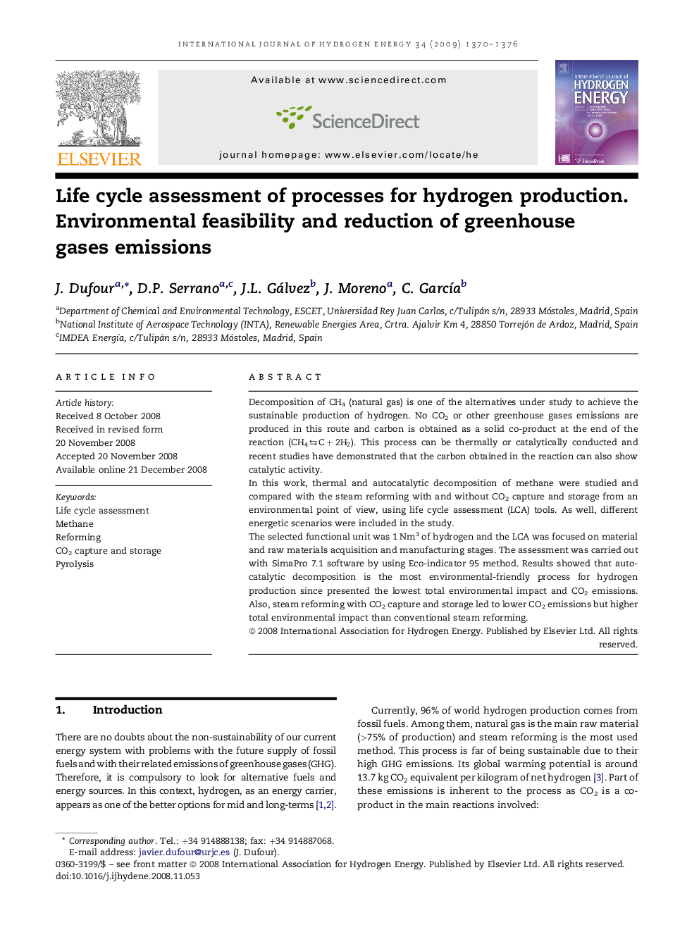 Life cycle assessment of processes for hydrogen production. Environmental feasibility and reduction of greenhouse gases emissions