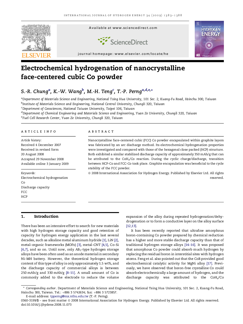 Electrochemical hydrogenation of nanocrystalline face-centered cubic Co powder