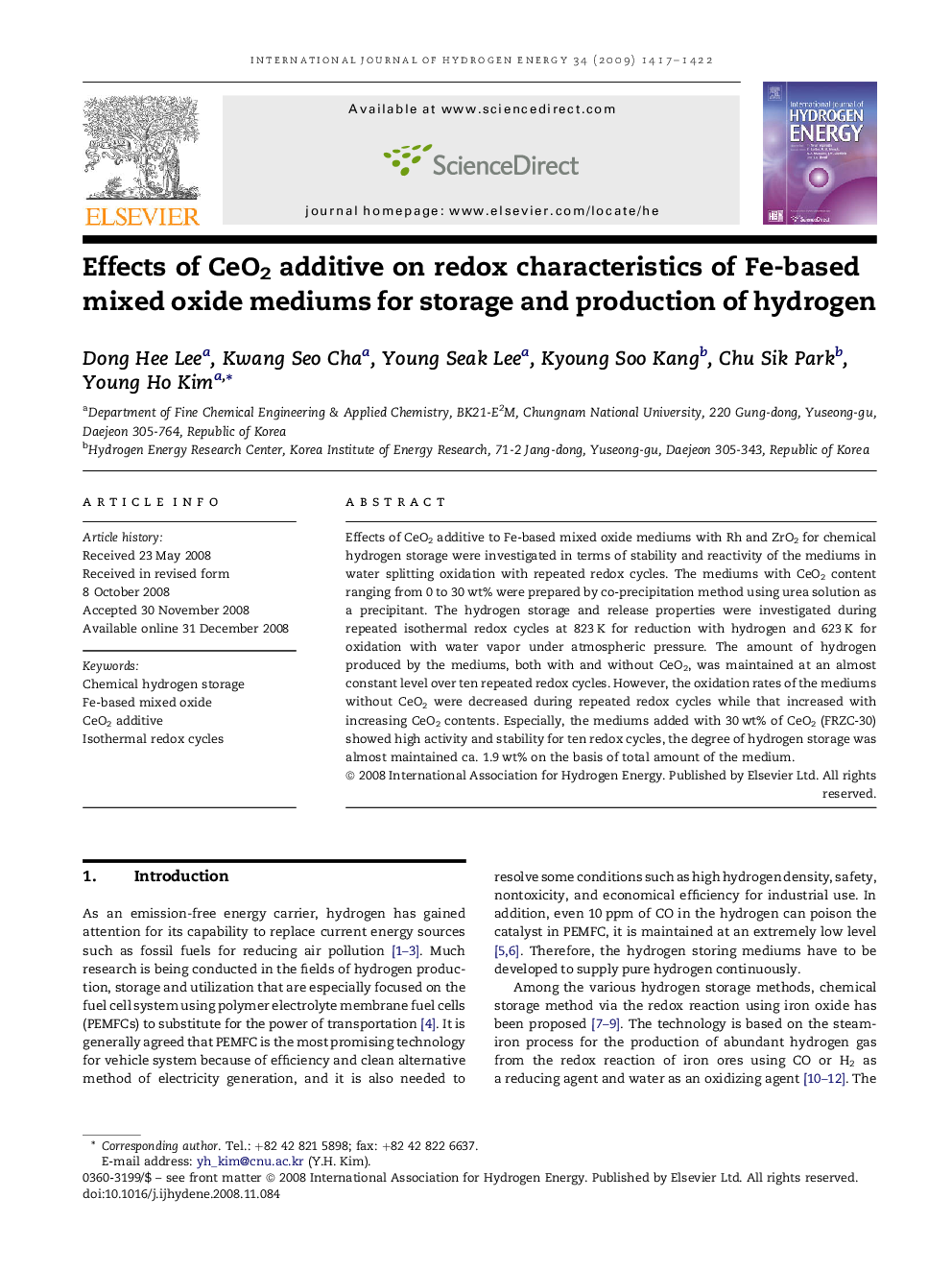 Effects of CeO2 additive on redox characteristics of Fe-based mixed oxide mediums for storage and production of hydrogen