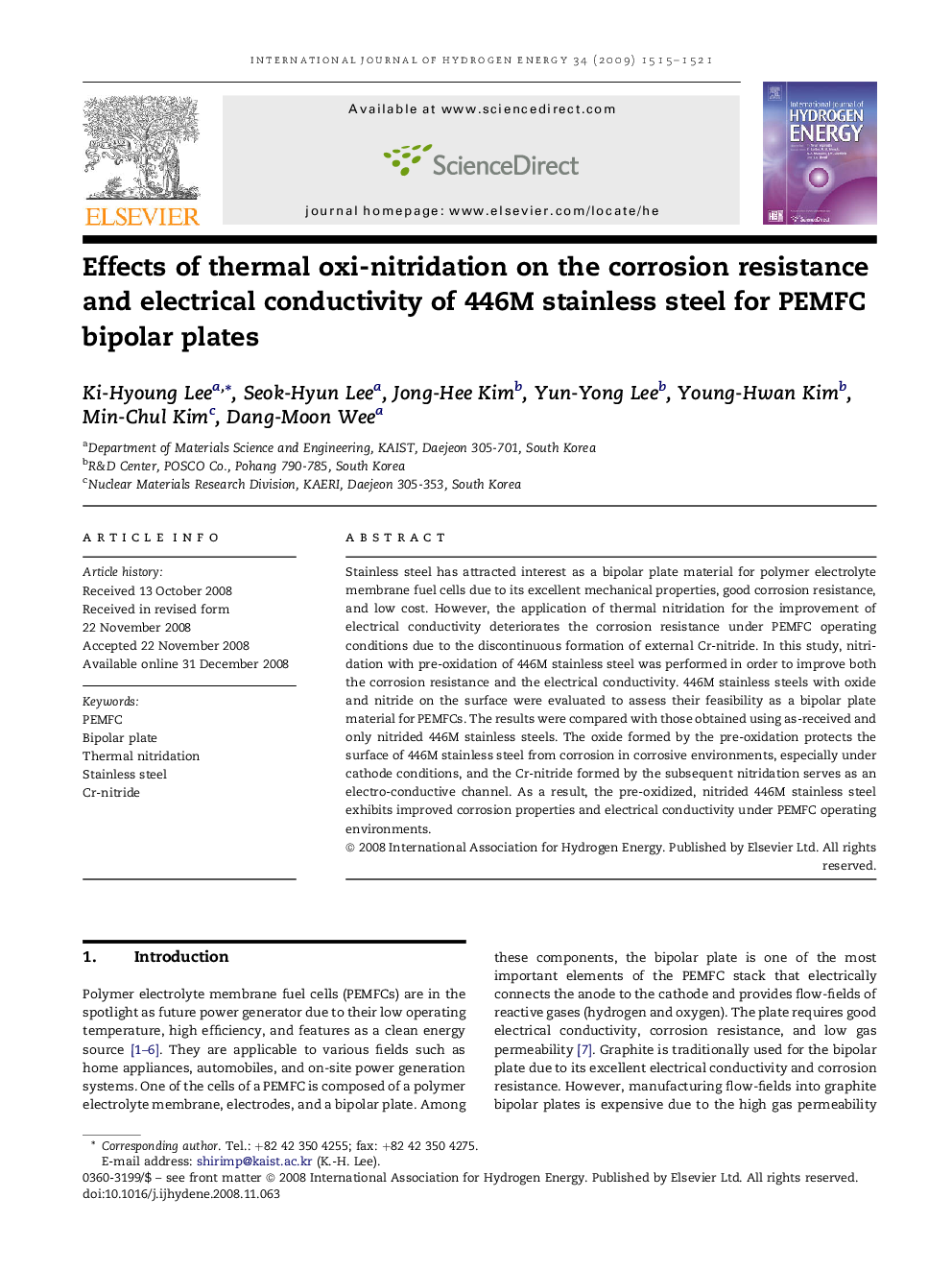 Effects of thermal oxi-nitridation on the corrosion resistance and electrical conductivity of 446M stainless steel for PEMFC bipolar plates