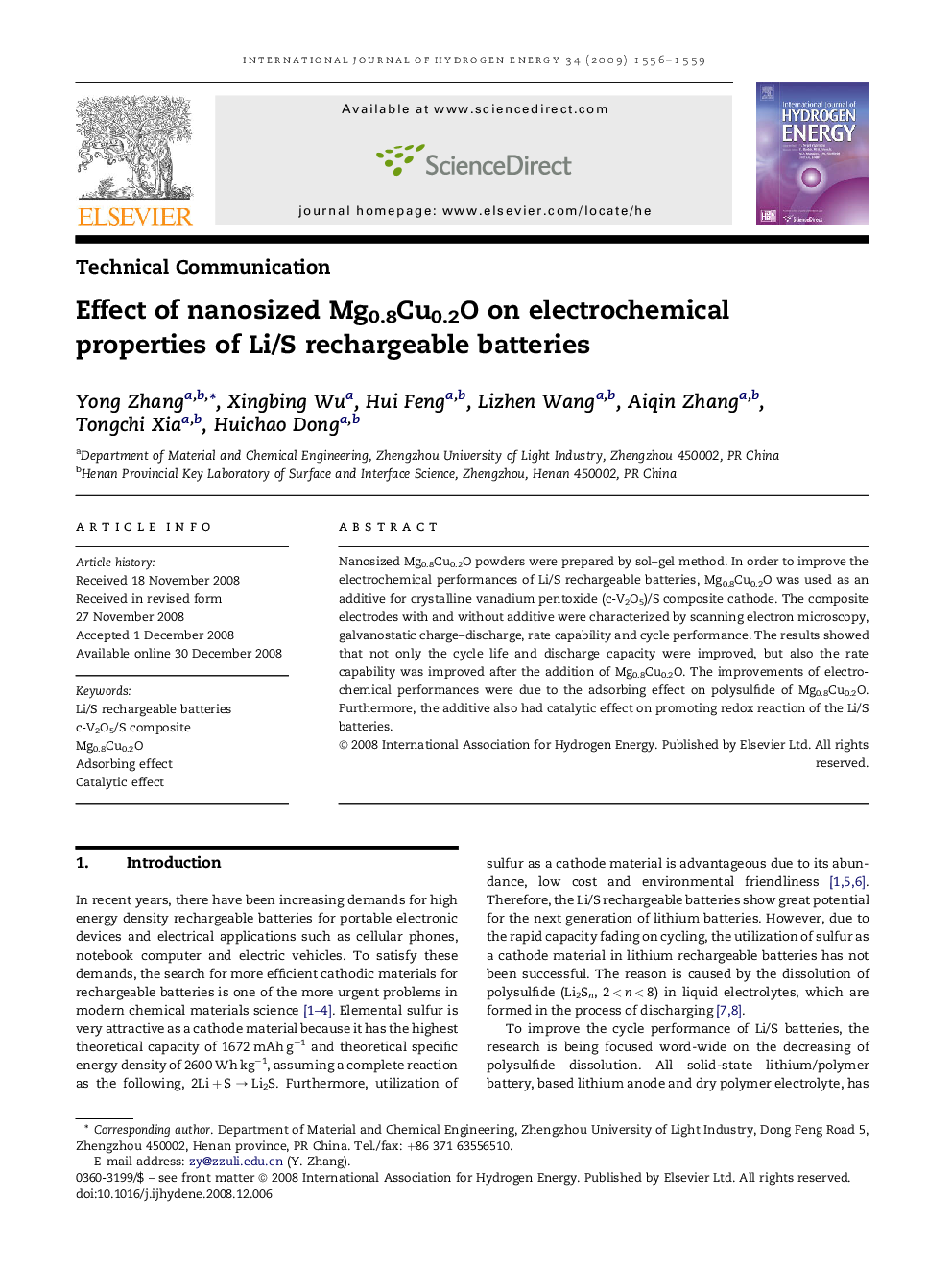 Effect of nanosized Mg0.8Cu0.2O on electrochemical properties of Li/S rechargeable batteries