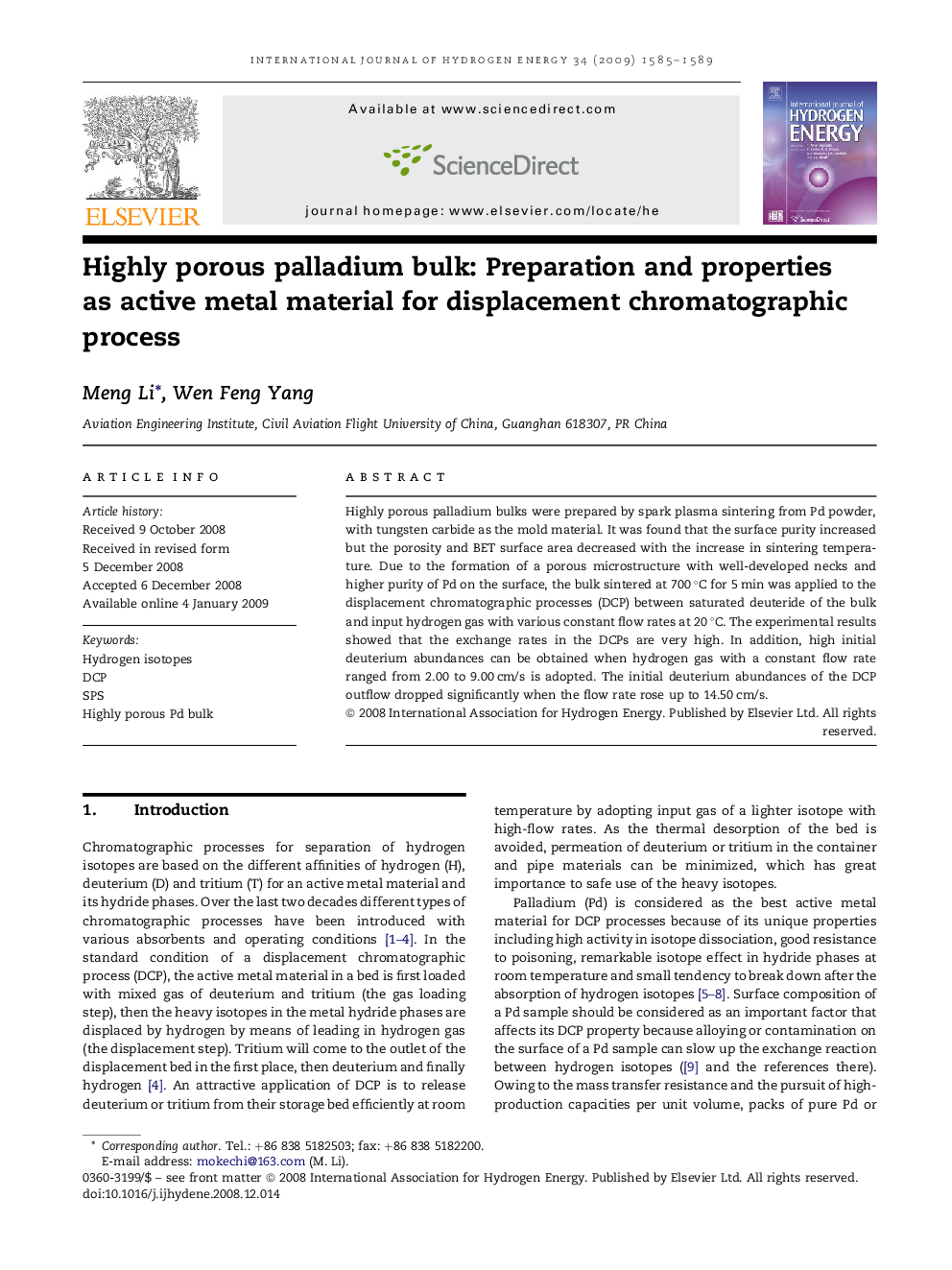 Highly porous palladium bulk: Preparation and properties as active metal material for displacement chromatographic process