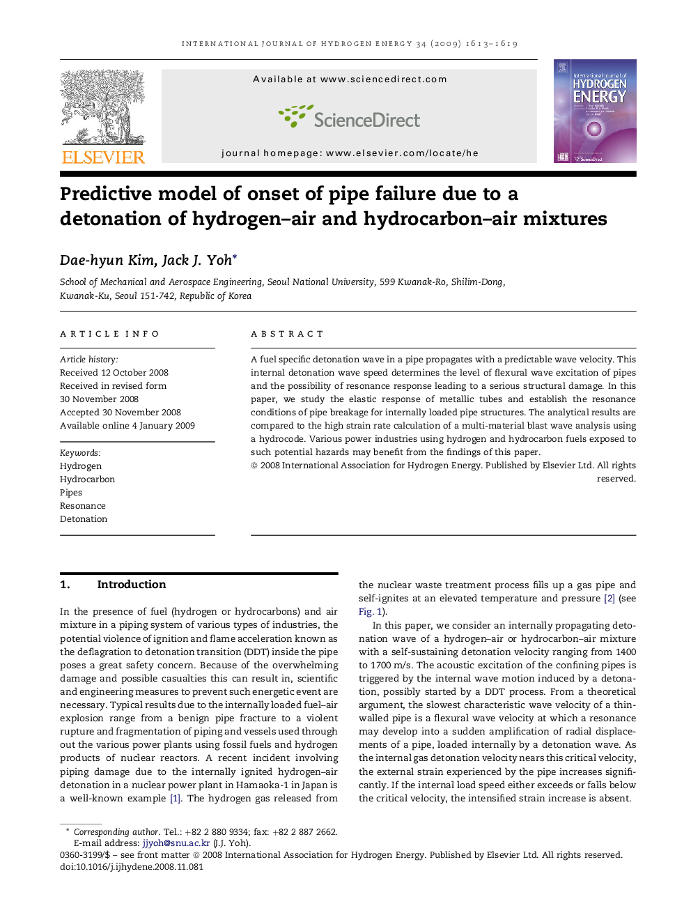 Predictive model of onset of pipe failure due to a detonation of hydrogen–air and hydrocarbon–air mixtures