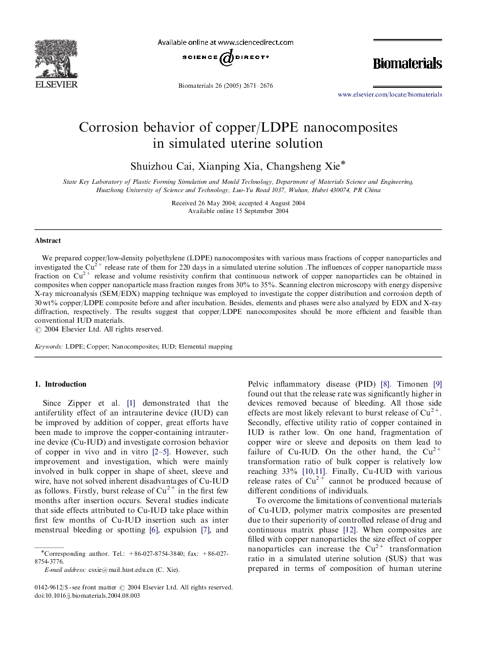 Corrosion behavior of copper/LDPE nanocomposites in simulated uterine solution